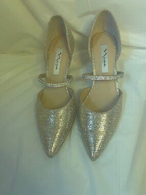 Nina Brystol Evening Pumps Champagne Glitter Mid-Heel D’Orsay Formal Size 7M